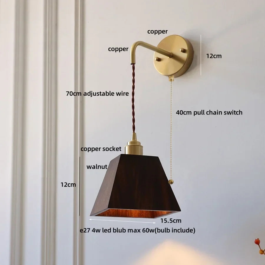 Wood LED Wall Lamp with Copper Socket & Pull Chain Switch - Adjustable Staircase Light