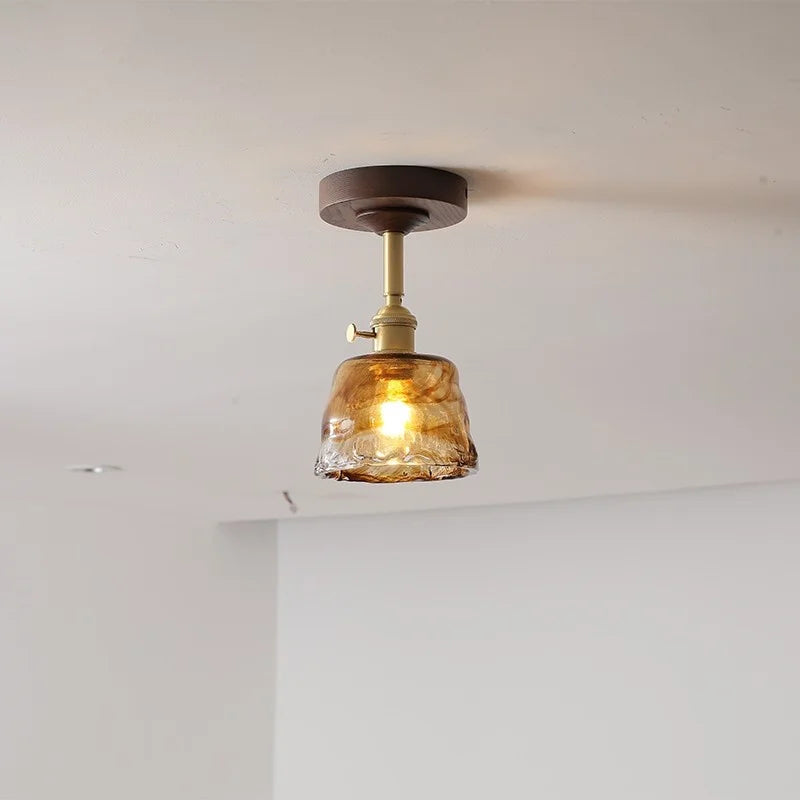 Amber Glass Copper LED Ceiling Light Fixture for Modern Home Decor