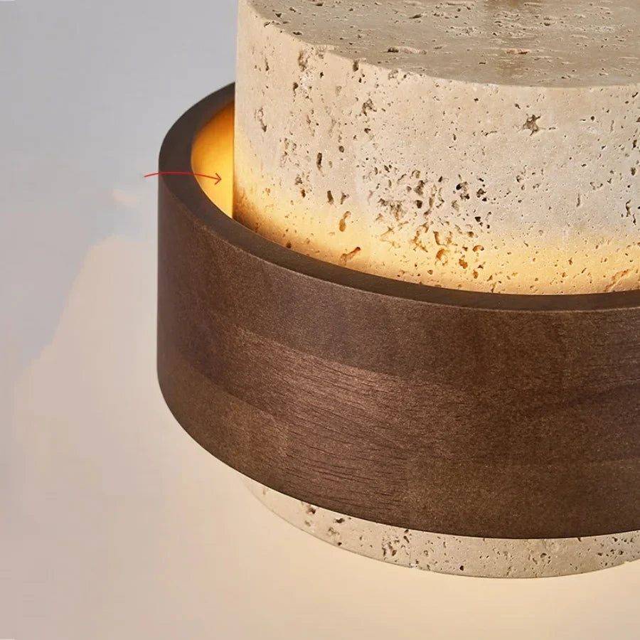 Yellow Travertine LED Ceiling Lamp with Wood Canopy Flush Mount