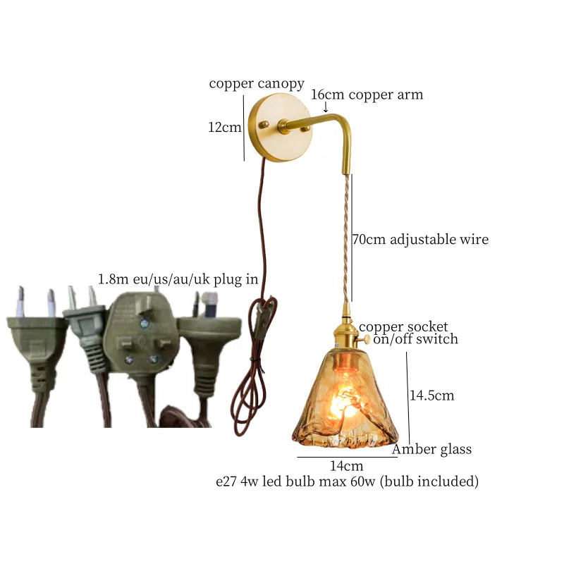 Glass LED Wall Sconce Bedroom Loft Bathroom Stair Light Pull Chain Copper