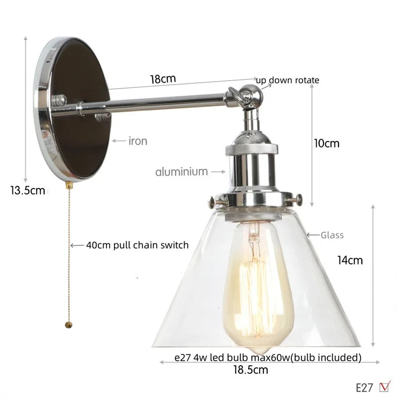 Loft LED Wall Lamp Vintage Pull Chain Switch Iron Bathroom Light