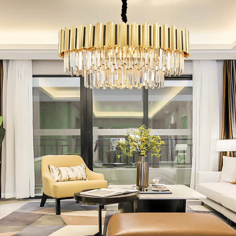 Gold Crystal LED Chandelier: Modern Luxe Lighting Fixture for Home Decor