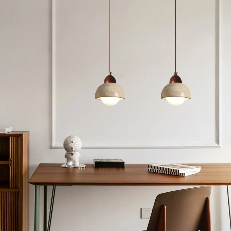 Japanese LED Hanging Lamp Yellow Travertine Pendant Lighting for Bedroom and Dining Room