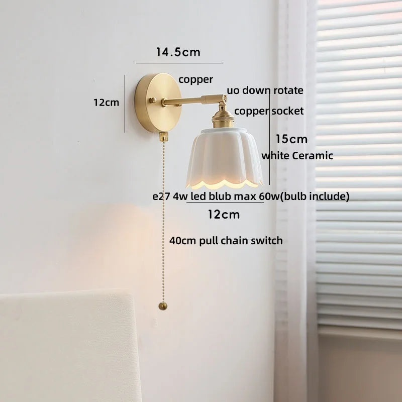 Ceramic Copper LED Wall Sconce Pull Chain Switch Reading Room Bedside Lamp