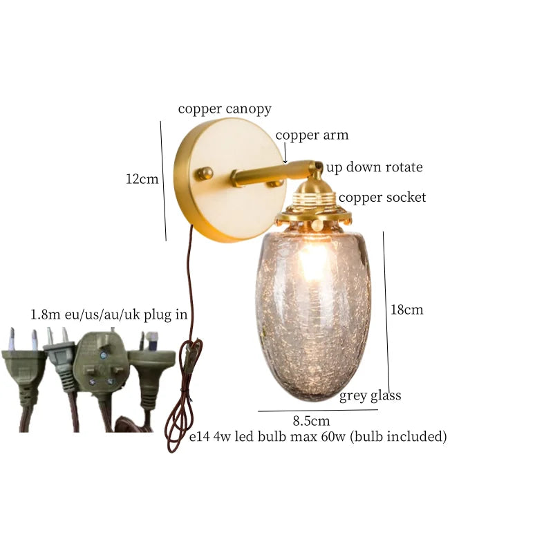 Afralia™ Grey Glass LED Wall Lamp Bedroom Living Room Loft Modern Copper Wandlamp