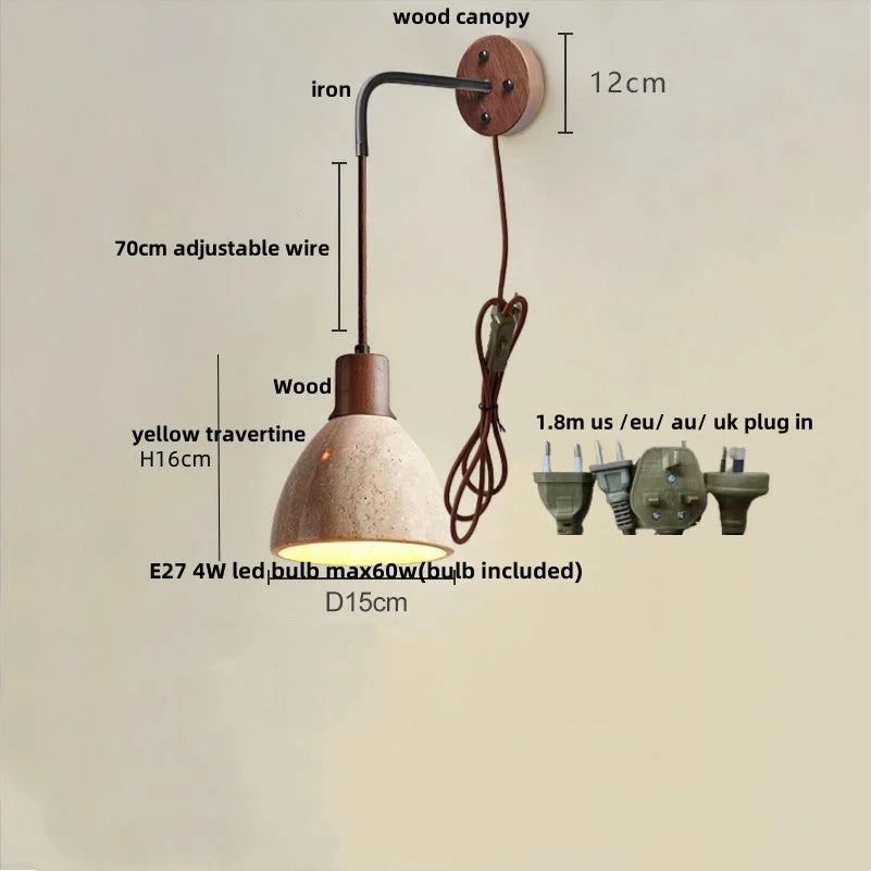 Afralia™ Yellow Travertine LED Wall Sconce Pull Chain Switch, Nordic Modern Wood Mirror Light