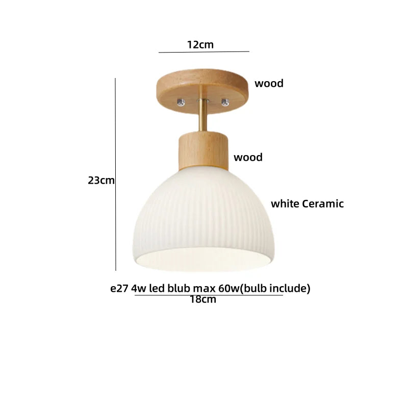 White Glass LED Ceiling Light Fixture with Wood Copper Canopy