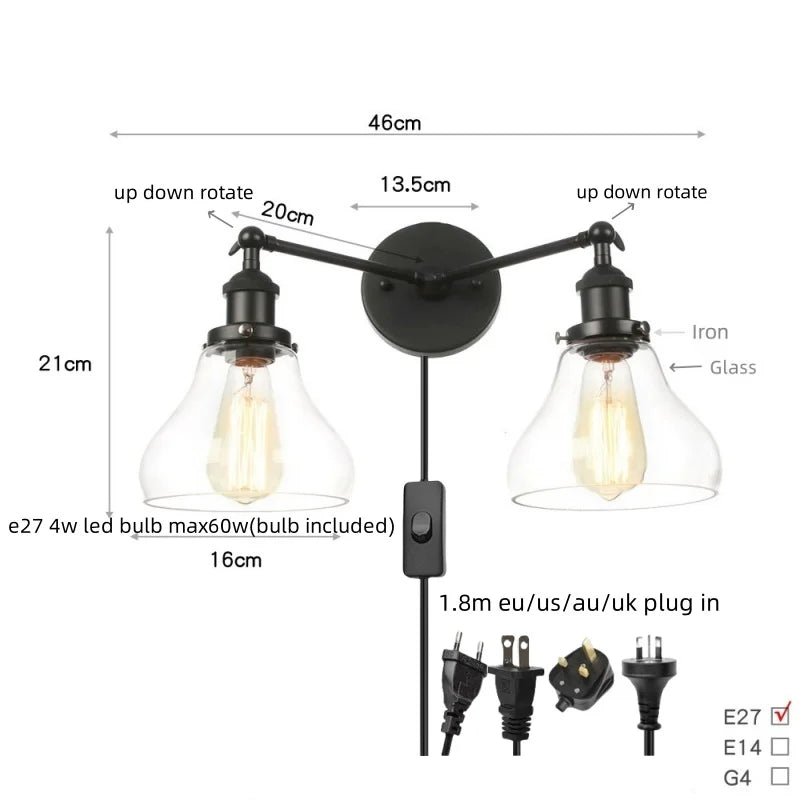 Black LED Wall Sconce 2-Head Lamp for Bedroom Bathroom Mirror