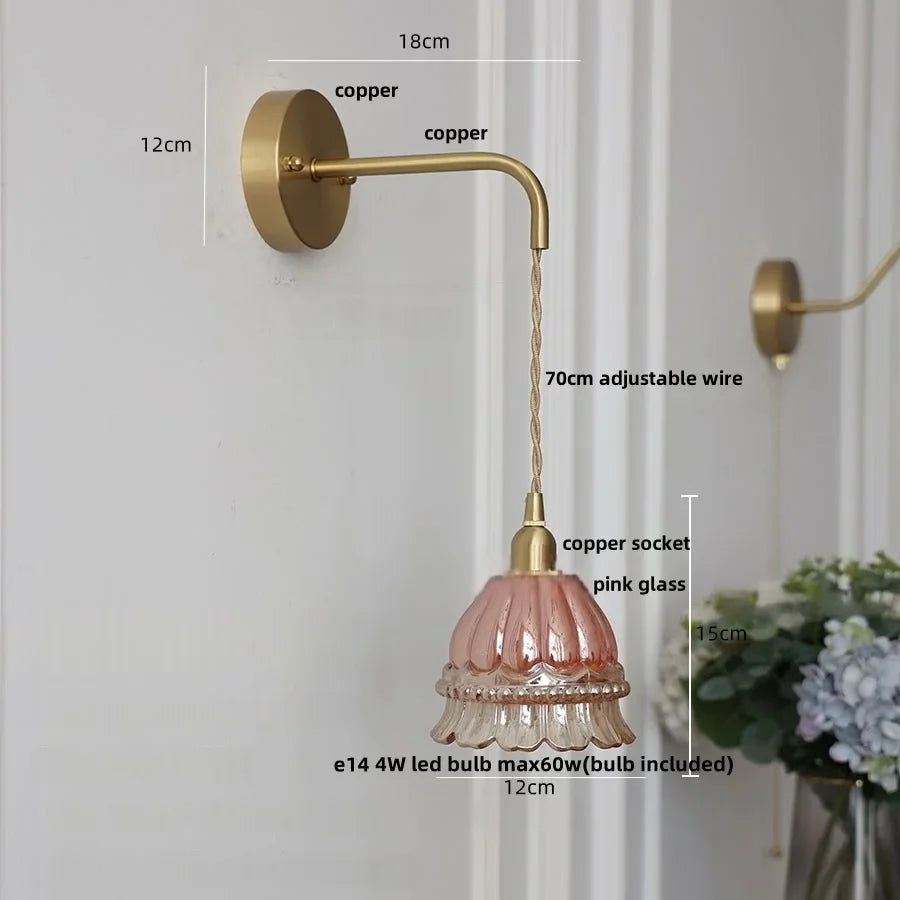 Amber Glass LED Wall Light with Pull Chain Switch, Modern Nordic Flower Wall Sconce