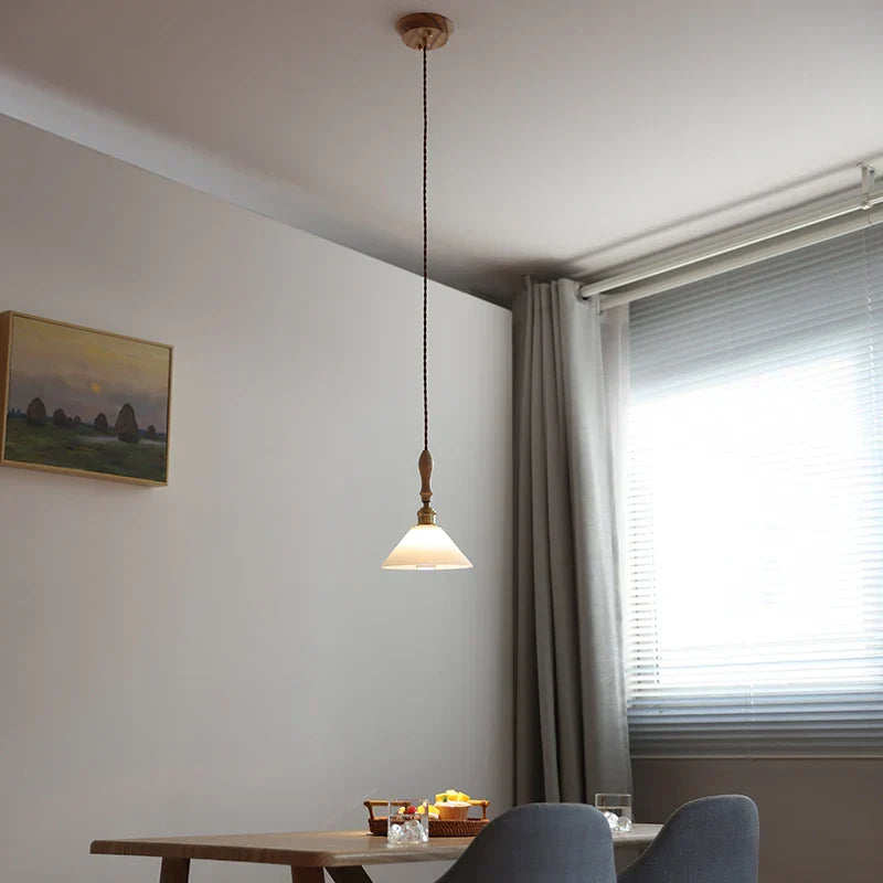 White Glass LED Pendant Light Fixture Modern Nordic Hanging Lamp Wood Ash