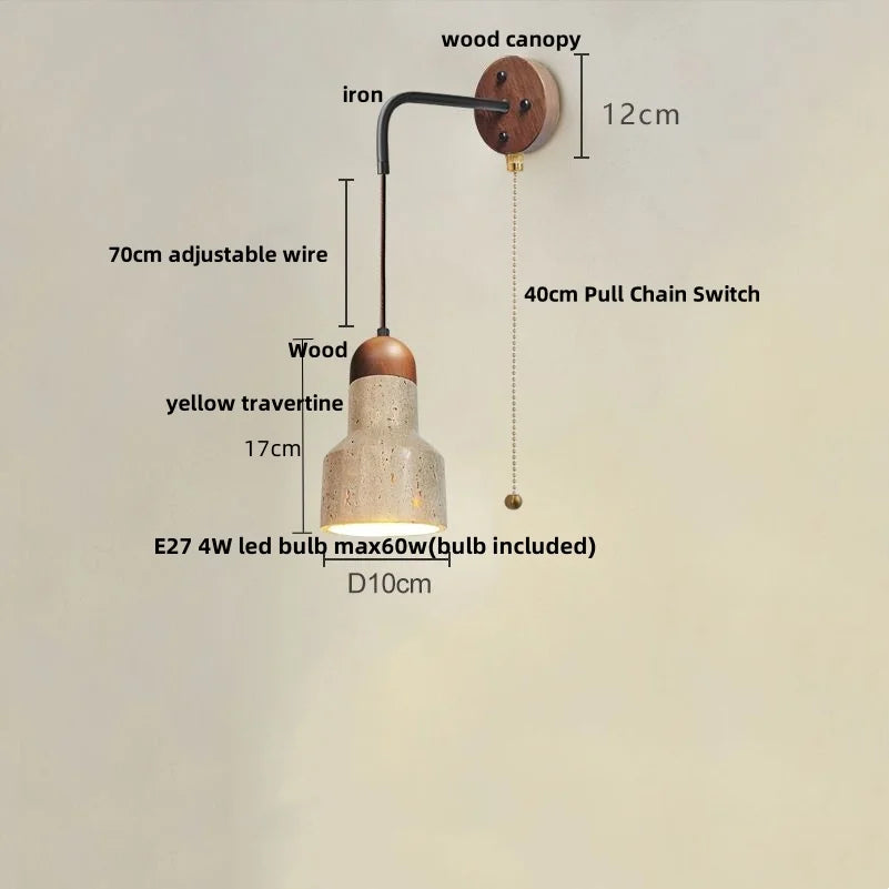 Afralia™ Wood Canopy LED Wall Sconce Yellow Travertine Stone Nordic Modern Light