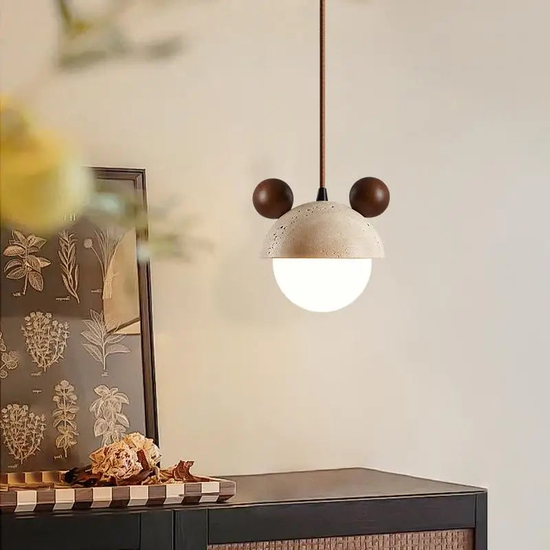 Cream Glass LED Pendant Lights Modern Wood Yellow Travertine Pendant Lamp