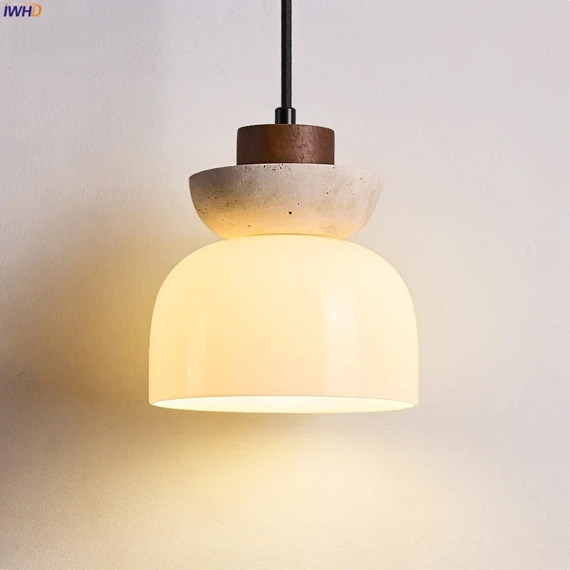 Afralia™ White Glass LED Pendant Lamp Yellow Travertine Nordic Modern Interior Lighting