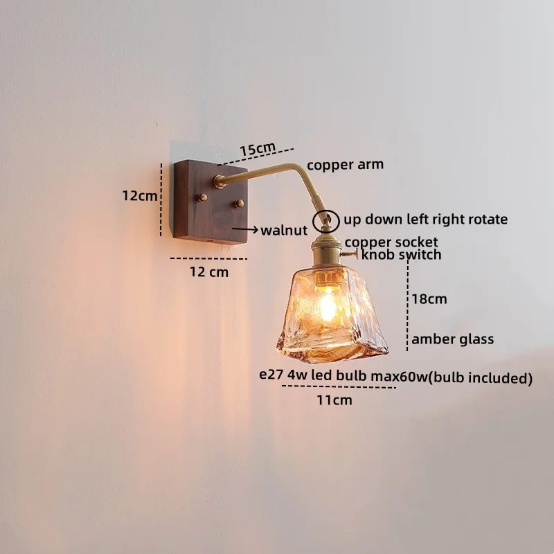 Walnut Copper LED Wall Lights Fixture with Pull Chain Switch - Modern Bedside Lamp