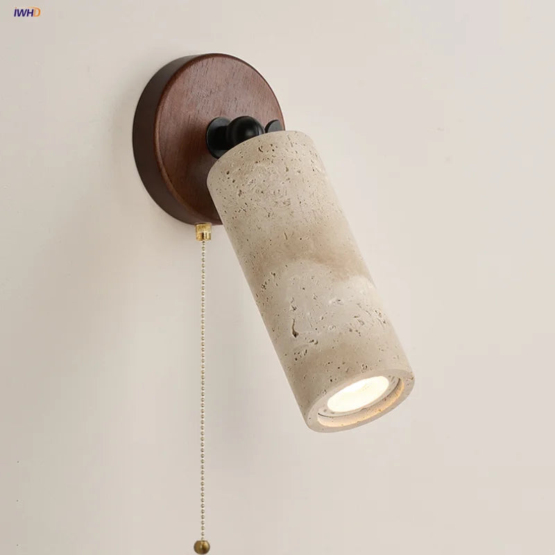 Yellow Travertine LED Wall Lamp with Pull Chain Switch, Japanese Style, Rotate Stair Light