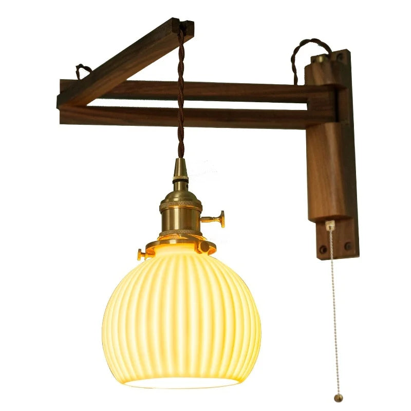 Ceramic LED Wall Sconce Walnut Wood Copper Pull Chain Switch Light