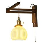 Ceramic LED Wall Sconce Walnut Wood Copper Pull Chain Switch Light
