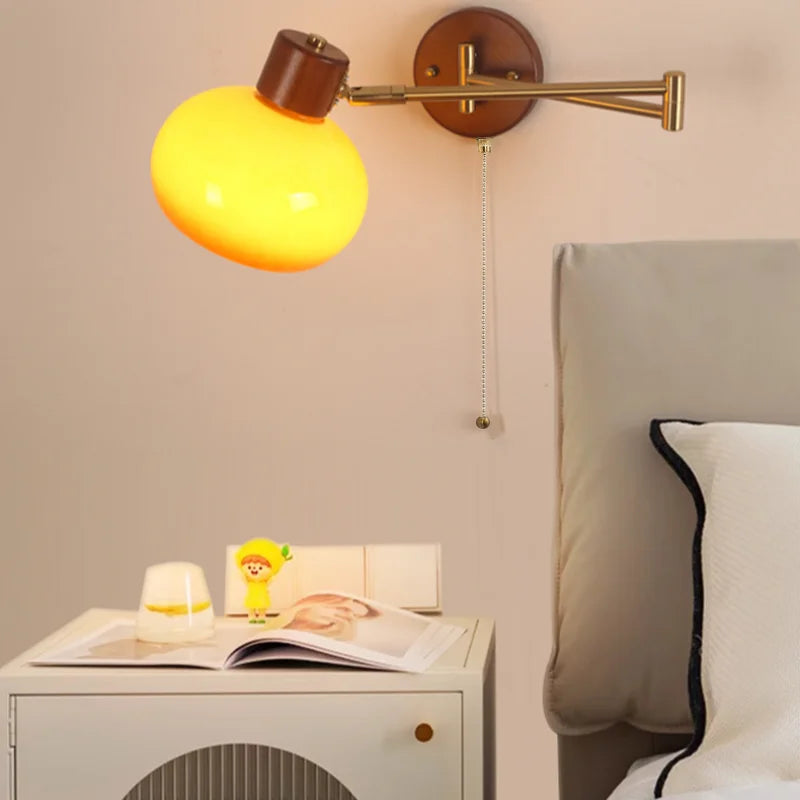 Modern Glass Swimg Arm LED Wall Lights for Study Bar Hotel Rotate Wood Bedside Lamp