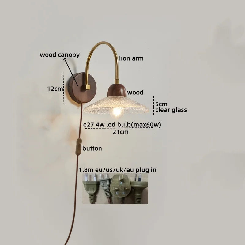 LED Wall Sconce Pull Chain Switch Modern Stair Lights Glass Wood