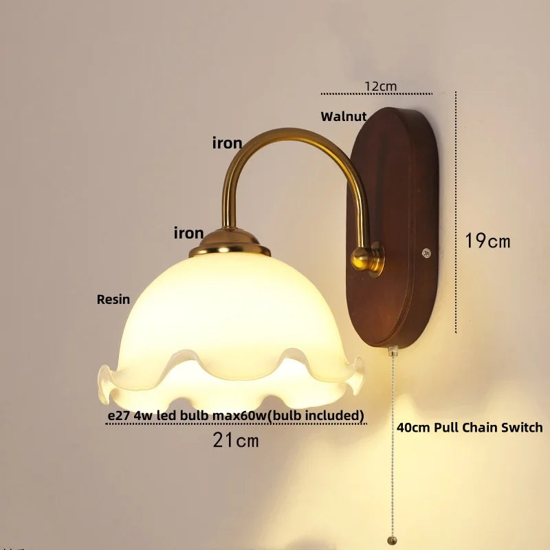 Afralia™ Modern Walnut Wood LED Wall Light Fixture with Pull Chain Switch