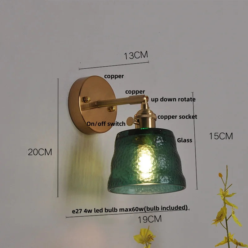 Clear Glass LED Wall Sconce with Pull Chain Switch, Brass E27, Bedroom Reading Light