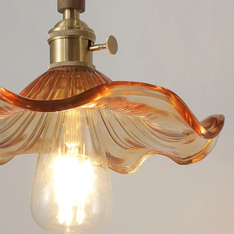 Amber Glass LED Pendant Light, Nordic Modern Design, Walnut Wood, Dining Living Room Lighting