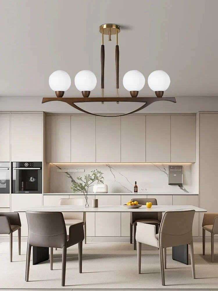 White Glass Ball Chandelier Dimmable Wooden Modern Dining Room Light