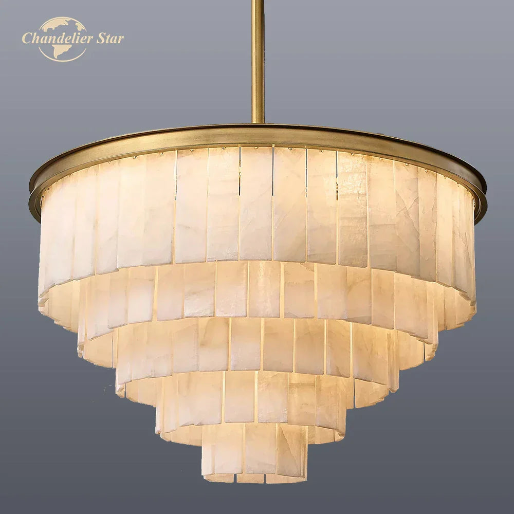 LED Round Glace Calcite Chandelier for Dining Room - Contemporary Crystal Hanging Lamp