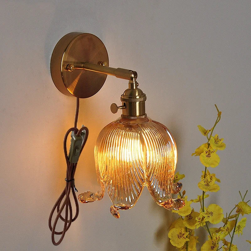 Afralia™ Loft Amber Glass LED Wall Light with Vintage Knob Switch