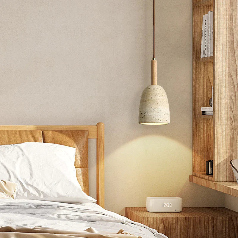 Yellow Travertine LED Pendant Light - Modern Nordic Wood Hang Lamp