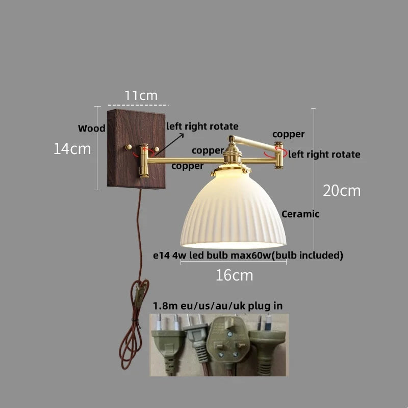 Wood Swing Arm LED Wall Light - Rotatable Bedroom Balcony Bedside Lamp