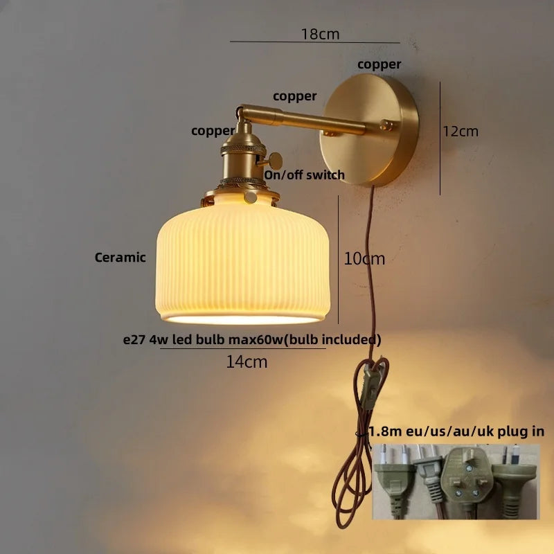 Ceramic LED Wall Sconce with Walnut Wood Pull Chain Switch - Nordic Style
