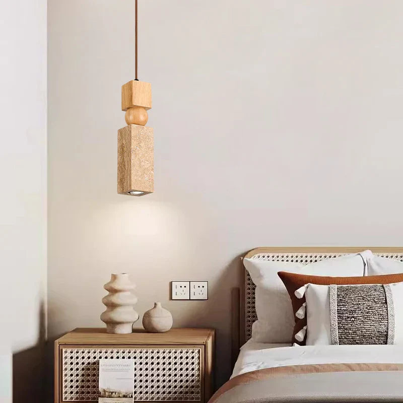 Cuboid Stone LED Pendant Lights Wood Yellow Travertine Interior Lighting Hanging Lamp