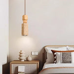 Cuboid Stone LED Pendant Lights Wood Yellow Travertine Interior Lighting Hanging Lamp