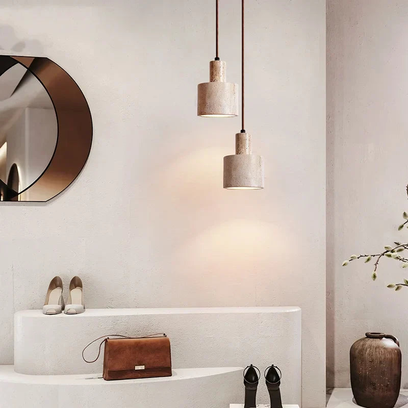 Yellow Travertine Stone Pendant Lamp for Bedroom Balcony Cafe, 2m Wire, Nordic Modern Style