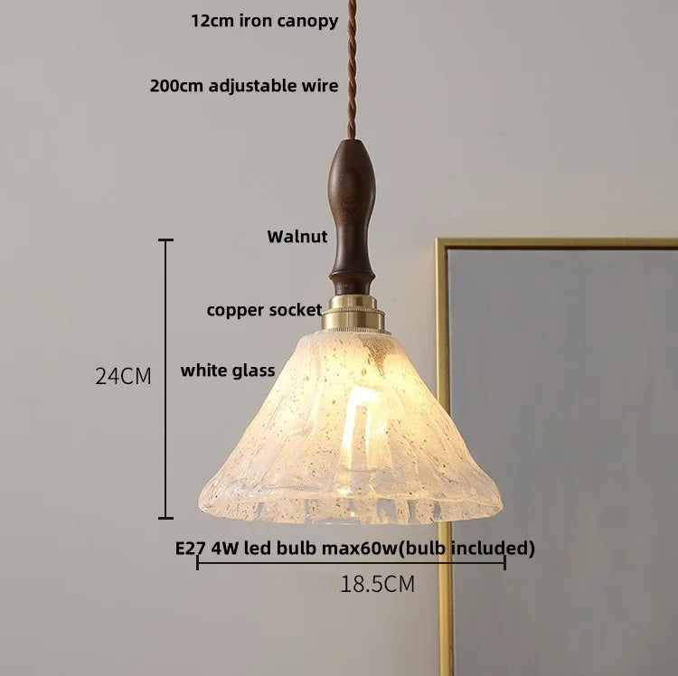 Walnut Wood LED Pendant Lamp with Cyan Glass Shade