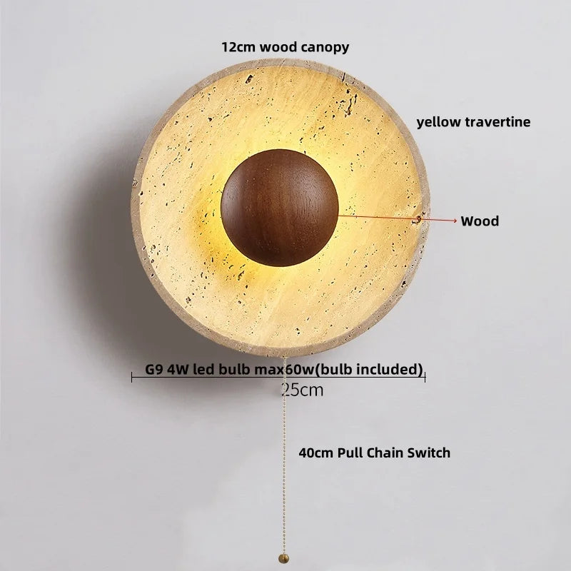 Retro Wood LED Wall Sconce, Yellow Travertine Stone Room Decor Stair Light