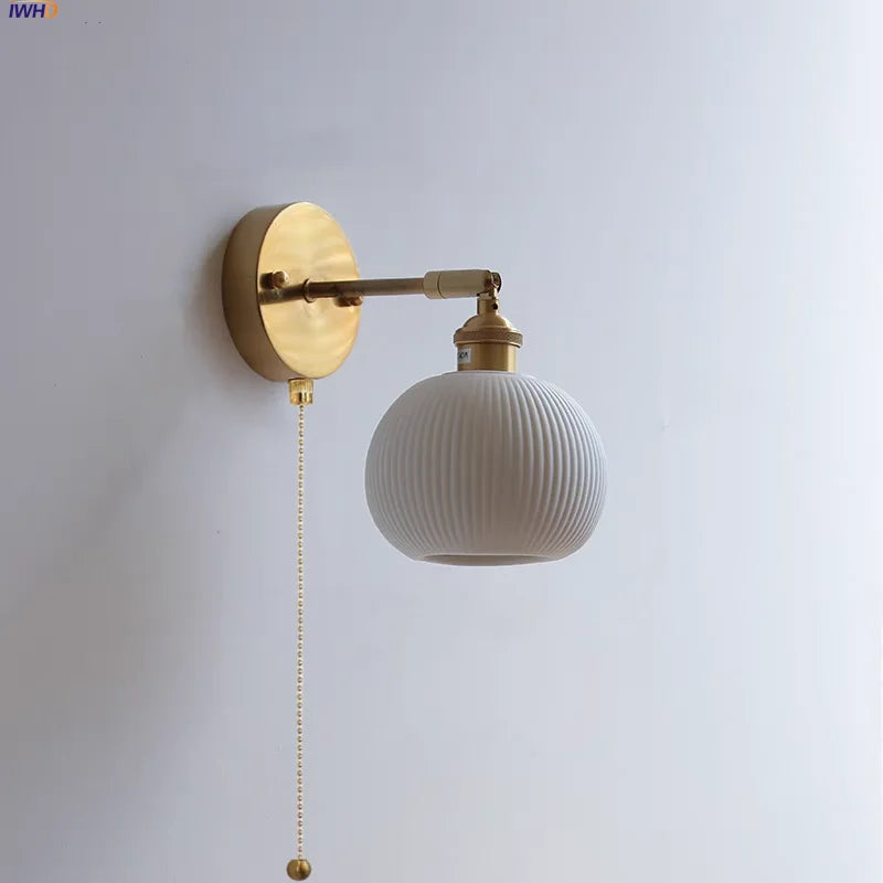 White Ceramic LED Wall Sconce with Pull Chain Switch & Rotate Copper Finish