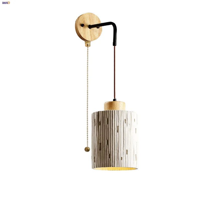 Japanese Style LED Wood Wall Light with Pull Chain Switch for Bedroom and Restaurant