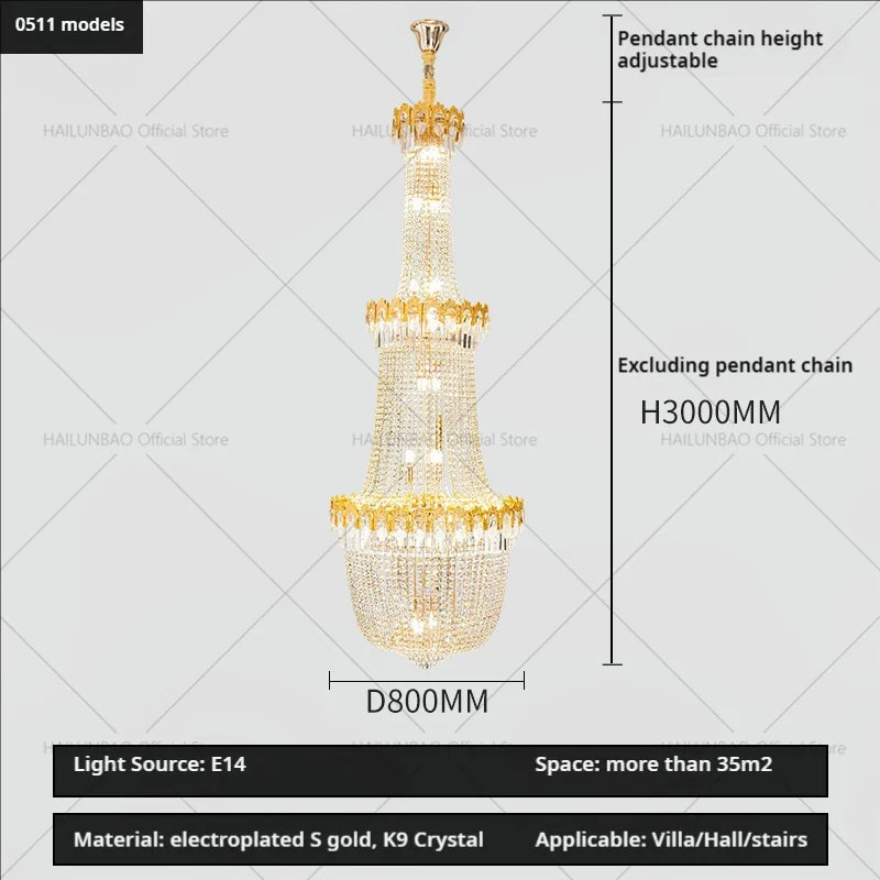 Crystal Chandelier: Luxury Duplex Hotel Living Room Stairwell Design