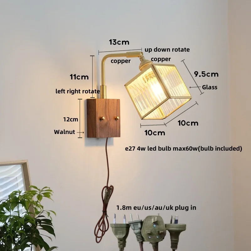 Wood Cube Glass LED Wall Lights with Pull Chain Switch for Modern Interiors