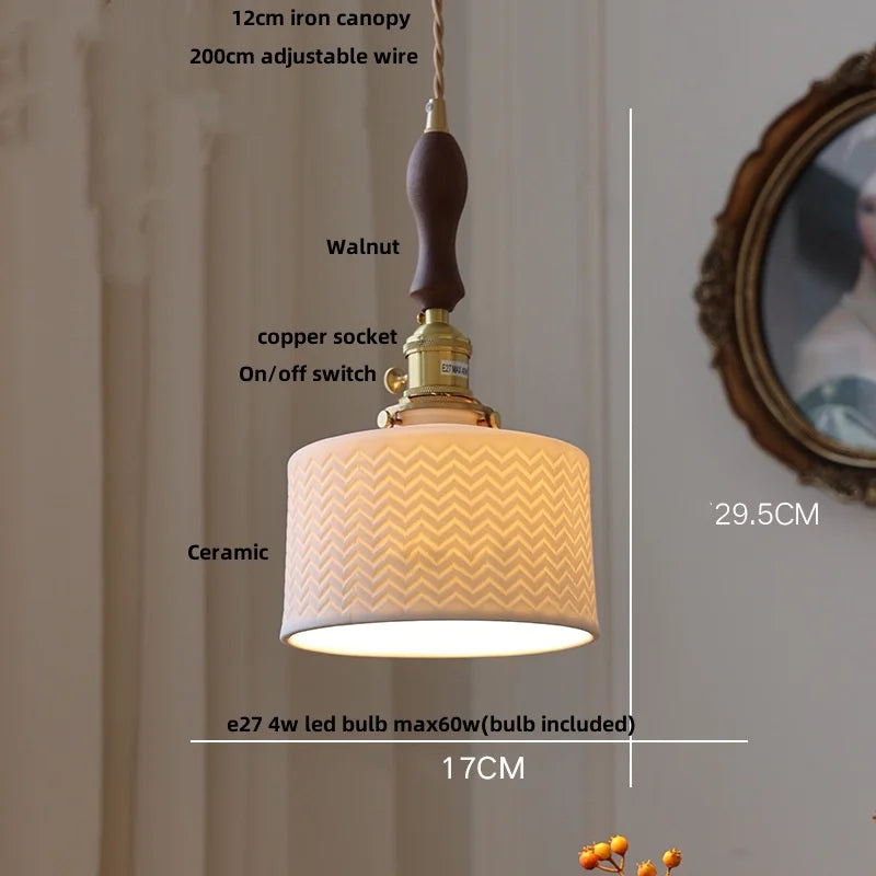 Afralia™ Nordic Walnut Wood LED Pendant Light with White Ceramic Shade & Copper Knob Switch