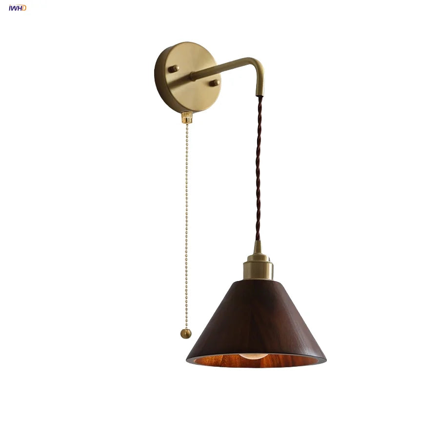 Wood LED Wall Lamp with Copper Socket & Pull Chain Switch - Adjustable Staircase Light