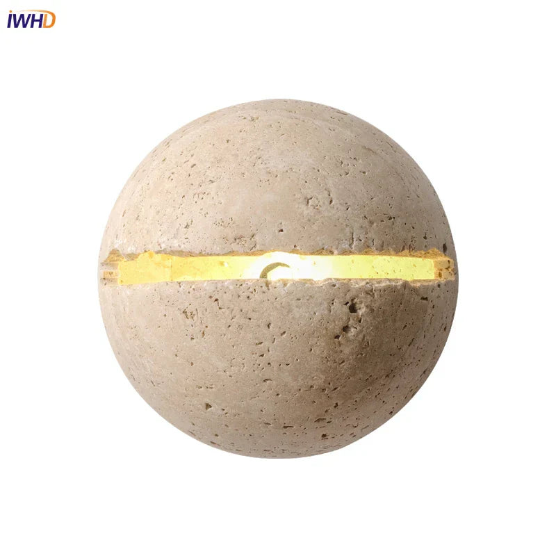 Yellow Travertine LED Wall Lamp Round Bedside Light Fixtures