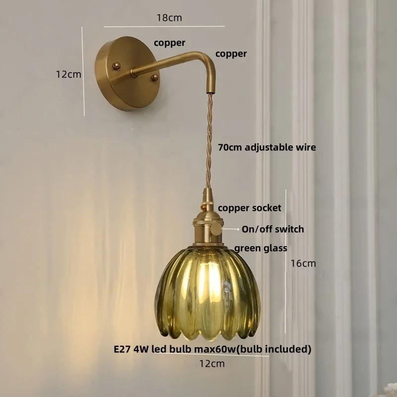 Smoke Gray Glass LED Wall Light Fixture Minimalist Pull Chain Switch Bedside Lamp