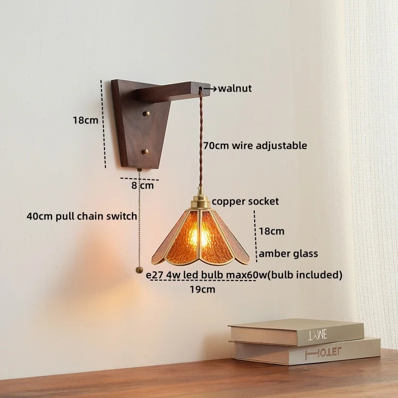 Walnut Glass LED Wall Light Fixture | Modern Bedroom Bathroom Living Room Lamp