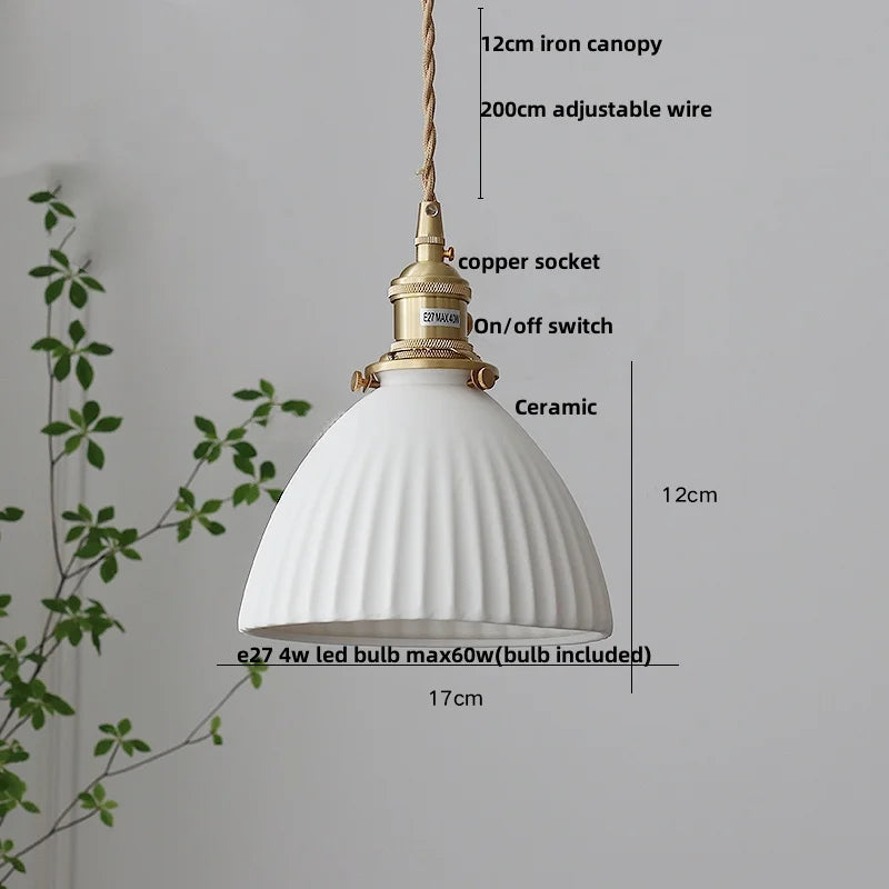 Nordic LED Pendant Light White Ceramic Walnut Wood Hanging Lamp
