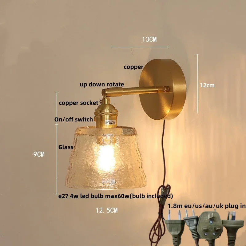 Clear Glass LED Wall Lights Brass E27 Pull Chain Switch Bedside Lamp