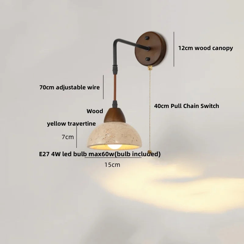 Wood Canopy LED Wall Sconce Yellow Travertine Stone Pull Chain Switch