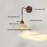 Wood Canopy LED Wall Sconce Yellow Travertine Stone Pull Chain Switch